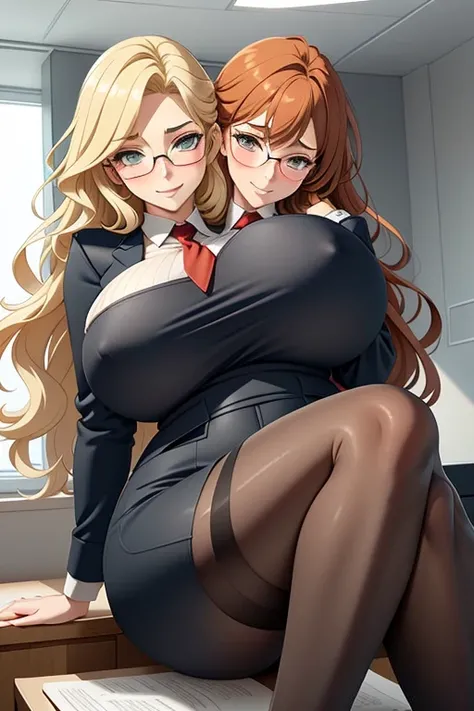 2heads, a tall thin woman with 2 heads. She has enormous breasts. She is wearing business attire. She is in an executive office. Laying on back, laying on desk. Straddling viewer, having sex with viewer. She has enormous fat breasts. She looks nerdy. Large...