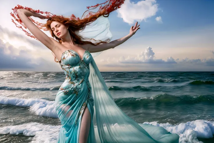 Masterpiece, (realistic photo:1.9), (photo from David LaChapelle:1.2), 8K, mythological scene. On the left, Zephyr, the gentle spring wind, depicted with a pale blue coat fastened by a knot and surrounded by a cloud of flowers. Clear straight lines represe...