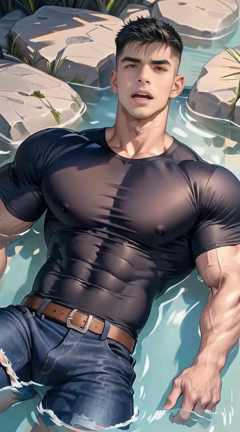 1 man,(lying on the water wall:1.6),(crew cut short hair:1.3),black eye,(Wear a fitted round neck t-shirt in navy with a police badge.:1.3),(fit neck),Navy blue jeans,(black_gloves),
Korean guy,chest muscles,large arm muscles,blood vessel,Big muscles,Broad...