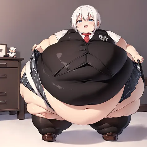 (((baby))), (((little cutie))), (((short stature))), (((White shirt, vest, vest negro, tie, Short skirt, Masterpiece, 4k ))), ((white hair with fringe)), ((chubby)), (((Obese))), ((Fat face)), (((big belly))), (((Open mouth))), fat and wide thighs, belly, ...