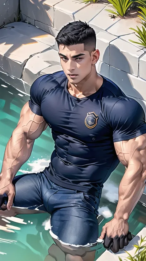 1 man,(lying on the water wall:1.6),(crew cut short hair:1.3),black eye,(Wear a fitted round neck t-shirt in navy with a police badge.:1.3),(fit neck),Navy blue jeans,(black_gloves),
Korean guy,chest muscles,large arm muscles,blood vessel,Big muscles,Broad...