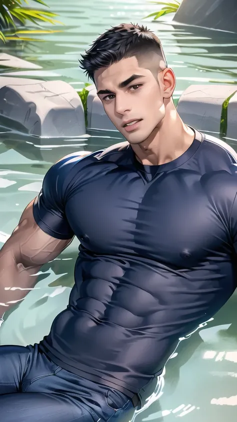 1 man,(lying on the water wall:1.6),(crew cut short hair:1.3),black eye,(Wear a fitted round neck t-shirt in navy with a police badge.:1.3),(fit neck),Navy blue jeans,(black_gloves),
Korean guy,chest muscles,large arm muscles,blood vessel,Big muscles,Broad...