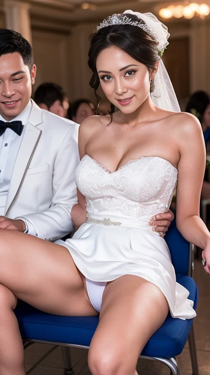 (1 female)、(one male individual:1.1)、(Super beautiful)、(beauitful face:1.5)、(A detailed face:1.4)、(The bridegroom spreads the brides legs:1.3)、(White panties are visible)、(The groom touches the brides crotch)、(Bride sitting on a chair at the reception)、(Sh...