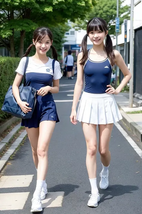 girls walking in sunny Japanese school street,blue school swimsuit with white trim,student bag,18-year-old,bangs,a little smile,thighs,knees,short hair with low pigtails bunches,from before,front light