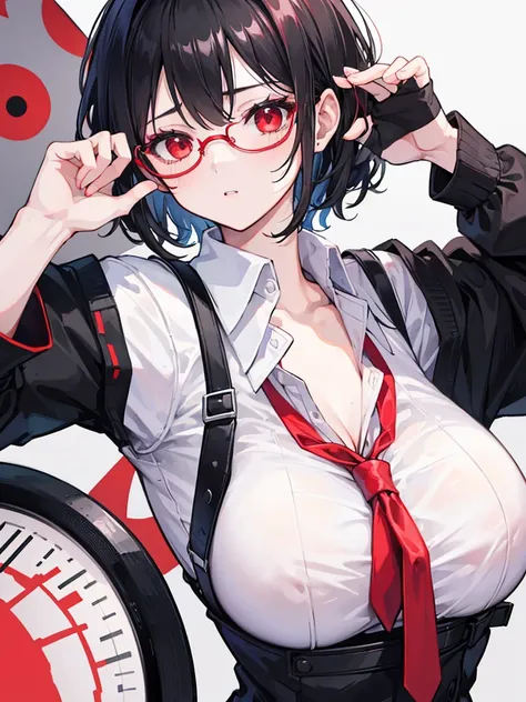 1girl,{white shirt},black hair,short hair,red eyes,wearing glasses,medium breast,red ties