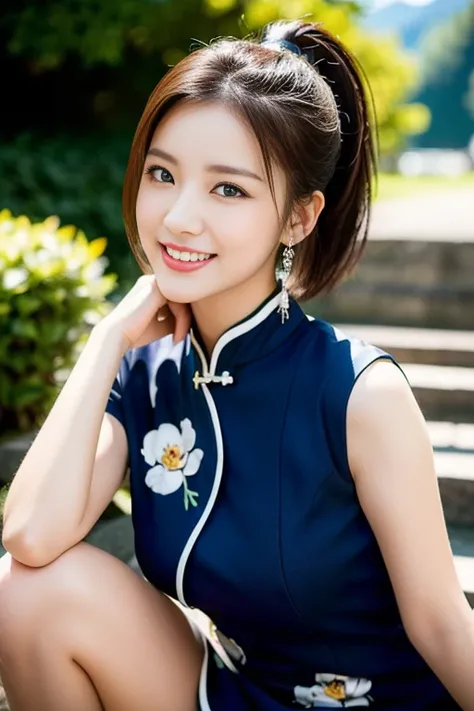 (masterpiece, a gorgeous lady, age 18, wearing Sky-blue traditional Qipao, relaxing in the Swiss Alps, dimpled smile, short bob hair, ponytail, cute snaggleteeth, well-endowed round bosom, smooth porcelain skin, detailed face, beautiful detailed eyes, phot...