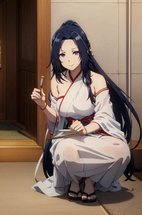 (blue eyes,blue hair), in miko clothes cleaning the entrance of the Temple, , long hair, ponytail, white robe, (red hakama;1.45), straw broom, Tsurugaoka Hachimangu Temple, cute, kawaii, beautiful, smile posing, looking at viewer, (masterpiece, best qualit...