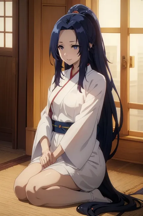 (blue eyes,blue hair), in miko clothes cleaning the entrance of the temple, , long hair, ponytail, white robe, (red hakama;1.45)...