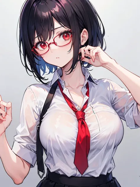 1girl,{white shirt},black hair,short hair,red eyes,wearing glasses,medium breast,red ties