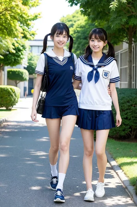 girls walking in sunny Japanese school street,navy blue school swimsuit with white trim,student bag,18-year-old,bangs,a little smile,thighs,knees,short hair with low pigtails bunches,from before,front light,sailor shirt