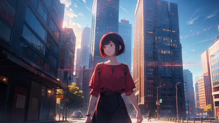 girl with short bob hair,Red eyes ,A shining heaven,Walking in heaven,A distant view,Buildings,up