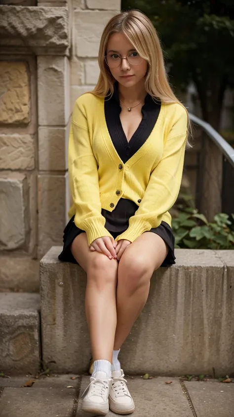 a woman 18 years blonde sitting on a stone step wearing glasses and a yellow cardigan sweater and black mini skirt with a white collar pet, academic art, , a character portrait, professional photo