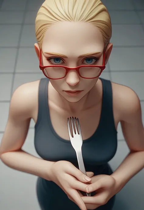 a woman with red glasses, blonde, Grinning, with fork in hands, view from above, thrill, kda, telegrama design, 3d animated, 3D animated.