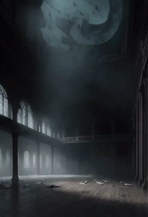 Illustrate the abandoned music room on the edge of Discord, Shrouded in an ominous fog, With the ghostly glow emanating from within.