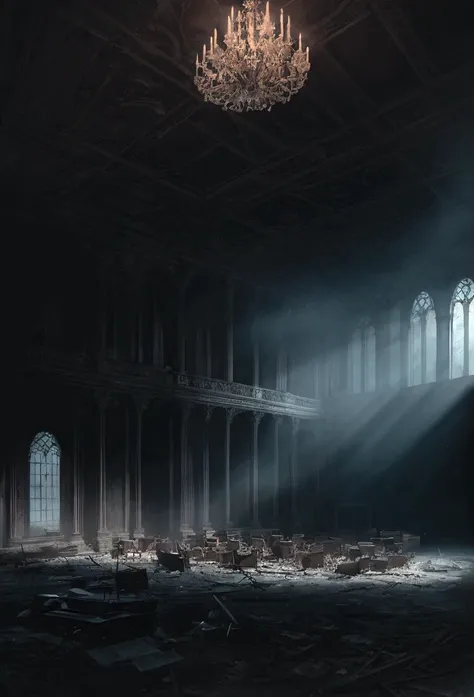 Illustrate the abandoned music room on the edge of Discord, Shrouded in an ominous fog, With the ghostly glow emanating from within.