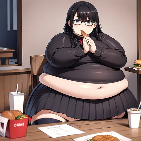 (best quality, ultra details, beautiful detailed face and eyes), young girl, fringed hair,  happy,porcelain skin, obese, fat, fat face, chubby cheeks, fat arms,a young girl,obese girl,girl with glasses,girl at fast food restaurant,girl sitting at table,gir...