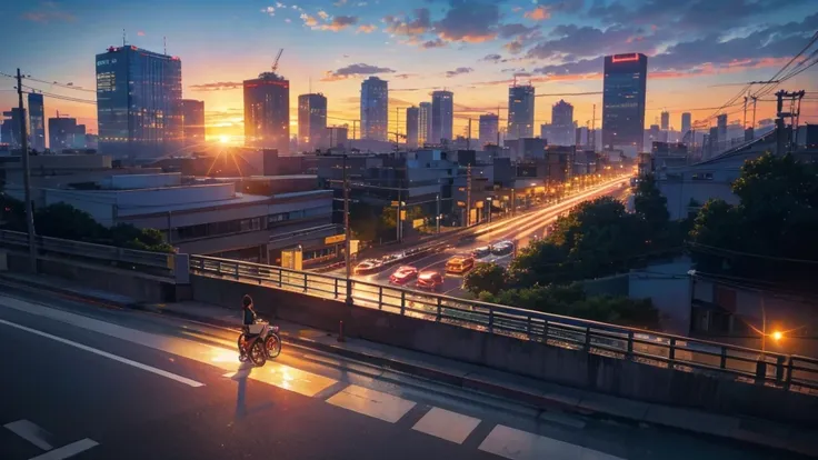 A shining sunset,sunset,Cars passing by on the road,Top-down view,Tokyo city,traffic jam,A girl with short bob hair and red eyes looking down on a footbridge