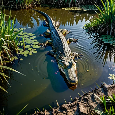 Southeastern region，pond，A crocodile，RAW，uhd，8K，Detailed Details，Best quality，Perfect color matching，Sense of atmosphere，Masterpieces shot by international photography masters，National Geographic Photography Award Winners