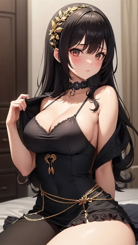 (masterpiece, high quality, very detailed), girl, solo, necromancer, long hair, silky and amazing hair, black hair, ((very curly hair)), white eyes, cute face:1.5, loose dress, black clothes, inside a dark mansion, mysterious pose, dynamic pose, choker, bl...