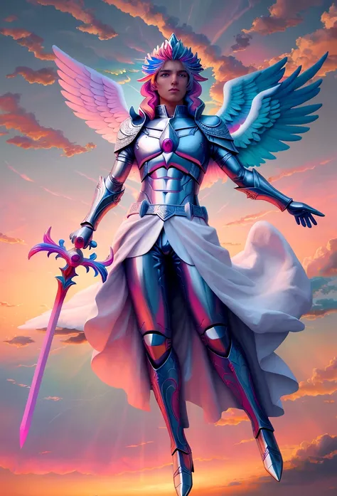 (((photo by full body))) by Archangel Michael Man, photorealistic angel of God of an angel with sword in hand (in the middle of the sky with colorful clouds: 1.50), It&#39;s not the Charlie Bowater style, exaggerated facial features, Mysterious symbolism, ...