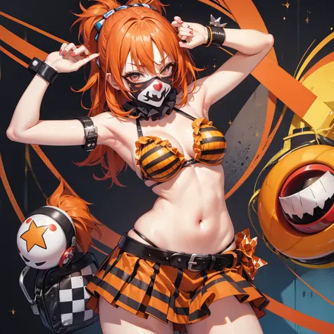 the clown girl, funny, masked face, sexy bikini, orange hair, medium breasts, punk rock belt, checkered skirt