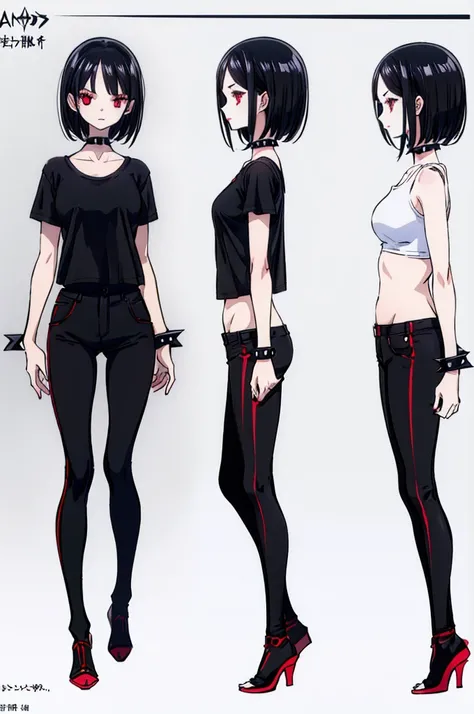 (full body) (same character front, back, side view) (model sheet) (multiple views of the same character), beautiful red eyes, anime woman, perfect anatomy, delicate face, short black hair, skin very white, black nails, black lips, wearing black leggins, sm...