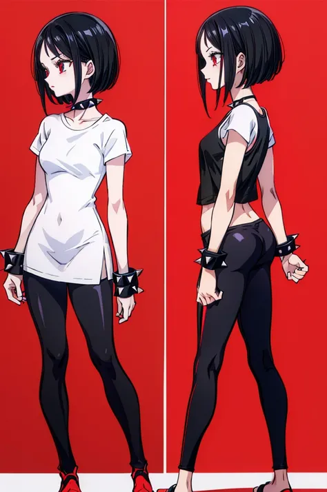 (full body) (same character front, back, side view) (model sheet) (multiple views of the same character), beautiful red eyes, anime woman, perfect anatomy, delicate face, short black hair, skin very white, black nails, black lips, wearing black leggins, sm...