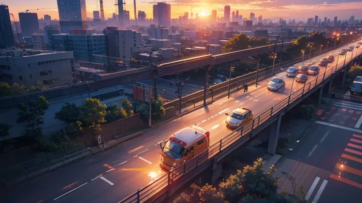 A shining sunset,sunset,Cars passing by on the road,Top-down view,Tokyo city,traffic jam,A girl with short bob hair and red eyes looking down on a footbridge