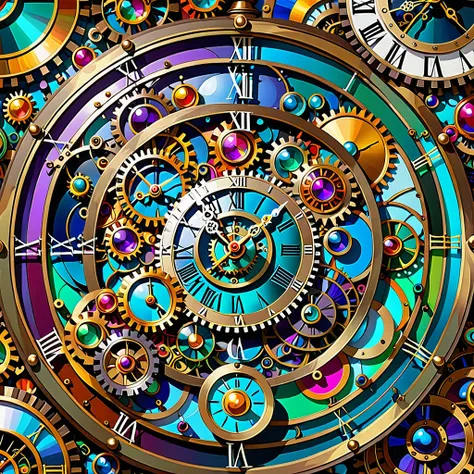 a close up of a clock with many different colored circles, elaborate digital art, maximalism digital art, the flow of time. comp...