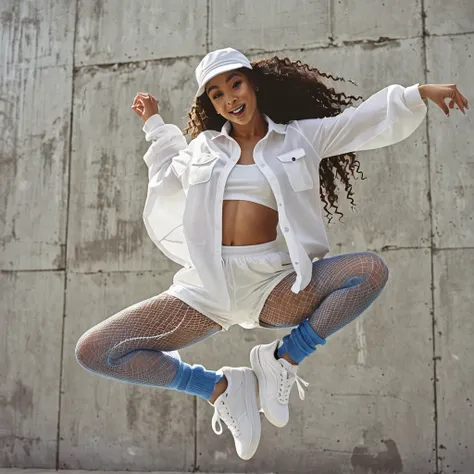 Create an image of a mixed-race female dancer. She is wearing an oversized, loose-fitting shirt made of thick white cotton, white board shorts, white trainers, a white Kangol hat, and blue fishnet tights. The setting is outdoors against a grey concrete eff...