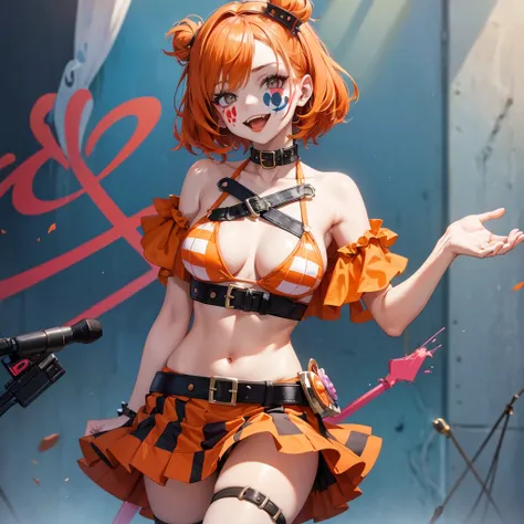 the clown girl, funny, painted face, sexy bikini, orange hair, medium breasts, punk rock belt, checkered skirt