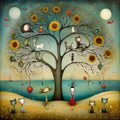 style inspired by klimt, nicoletta ceccoli, catrin welz-stein, didier lourenço, and leonora carrington. in the seascape of a bea...