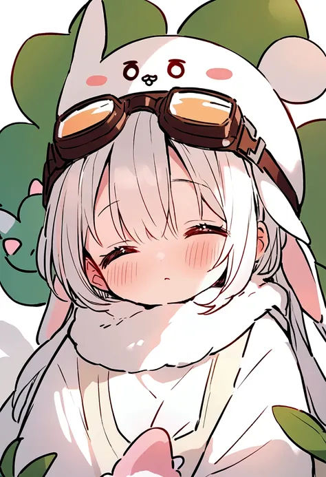 Simplify lines，2D HD，Beautiful photos，A little rabbit wearing a white scarf，Pink blush，Adorable rabbit，Rabbit with goggles on his head，Kilo，Clear lines