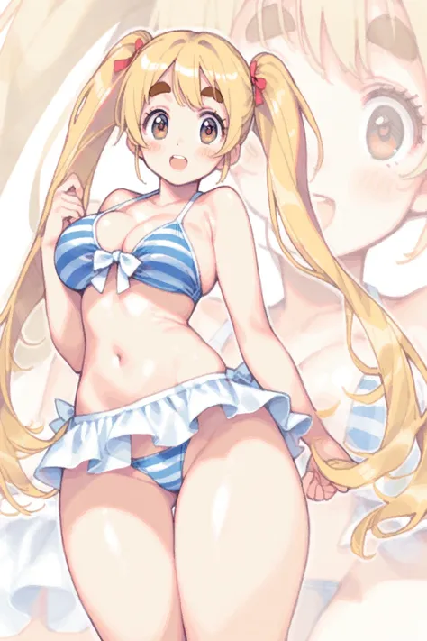 1girl, swimsuit, (thick eyebrows), tareme, big tits, blonde hair, -very_long twin tails, tegaki, zoom layer