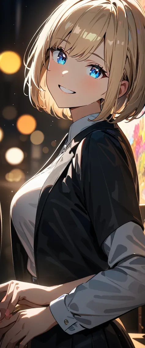 (((One girl))), blond hair, bob cut, (upper body), (looking at viewer), breasts, teenager, head tilt:1.3, (((blue eye))), (from side), ((happy smile)), white shirt, black blazer, black skirt, anime style, (best quality, 4k, 8k, highres, masterpiece:1.2, ul...