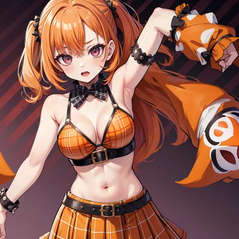 the clown girl, funny, painted face, sexy bikini, orange hair, medium breasts, punk rock belt, plaid skirt, psychotic circus background.