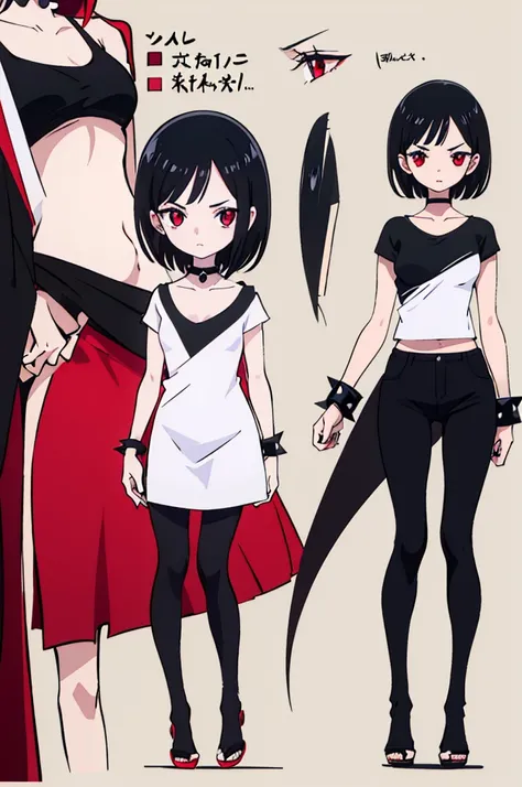 (full body) (same character front, back, side view) (model sheet) (multiple views of the same character), beautiful red eyes, anime woman, perfect anatomy, delicate face, short black hair, skin very white, black nails, black lips, wearing black leggins, sm...