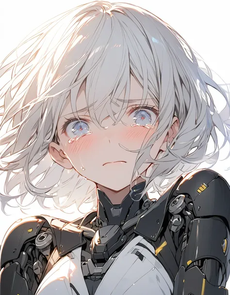 The white-haired girl cried sadly, Mechanical joints　short hair
