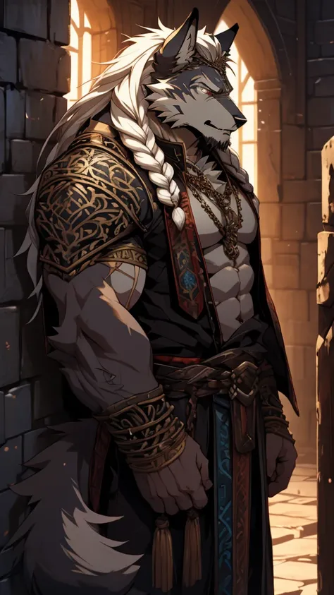 (masterpiece),(highres),(intricate details:1.4),extremely detailed,(illustration),incredibly detailed,photorealistic,8k,Anime headshot,exquisite,solo,aged male wolf,muscular,general,(damaged body:1.3),long hair,white hair,braided hair,long beard,heavy scar...