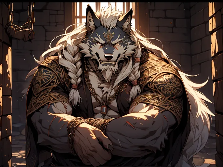 (masterpiece),(highres),(intricate details:1.4),extremely detailed,(illustration),incredibly detailed,photorealistic,8k,Anime headshot,exquisite,solo,aged male wolf,muscular,general,(damaged body:1.3),long hair,white hair,braided hair,long beard,heavy scar...