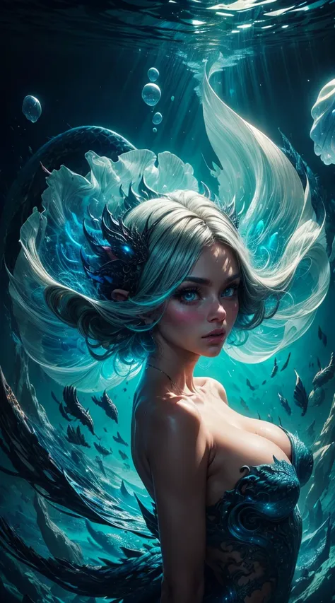 Half naked Tia is shown to have a fairly slender figure. She has white-grey hair , she has short hair and large pale green eyes, Psychedelic style A fantasy creature,Jellyfish + Dragon,underwater dragon,hybrid,8k,beautiful lighting,up close,digital art,int...