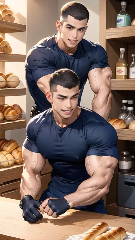 (NSFW: 1.5), (handsome Man sitting on table eating bread ),(crew cut short hair:1.8),black eye,(Wear a fitted round neck t-shirt in navy with a police badge.:1.5),(fit neck),Navy blue jeans,(black_gloves:1.2), Korean guy,chest muscles,large arm muscles,blo...