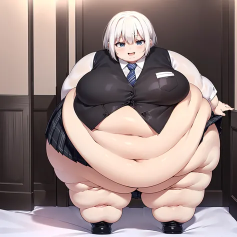 (((baby))), (((little cutie))), (((short stature))), (((White shirt, vest, vest negro, tie, Short skirt, Masterpiece, 4k ))), ((white hair with fringe)), ((chubby)), (((Obese))), ((Fat face)), (((big belly))), (((Open mouth))), fat and wide thighs, belly, ...