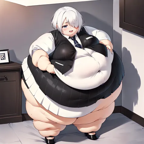 (((baby))), (((little cutie))), (((short stature))), (((White shirt, vest, vest negro, tie, Short skirt, Masterpiece, 4k ))), ((white hair with fringe covering one eye)), ((chubby)), (((Obese))), ((Fat face)), (((big belly))), (((Open mouth))), fat and wid...