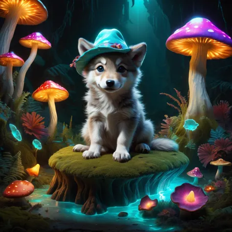 whimsical scene of a cute wolf pup sitting on dim glow bioluminescent mushroom with a glowing cap, surrounded by colorful and playful decorations. cute pose, charming and pretty wish, vibrant and lively decorations, wonder magic world, full rich colors of ...