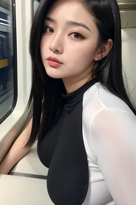 adult plump woman,dark black hair,27 years old,make up,(fair skin,thick upperarms:1.3),upperbody,close up,at train,crewneck white shirt,from side, 