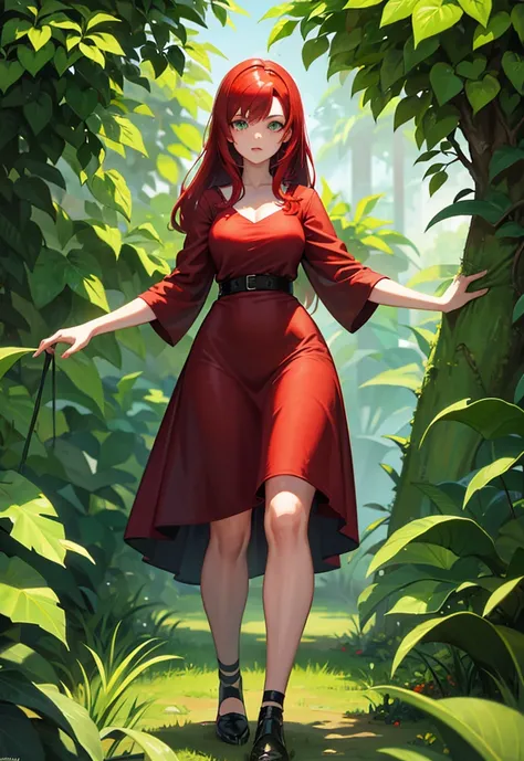 Woman with red hair, green eyes, Green plants everywhere, green plants Background