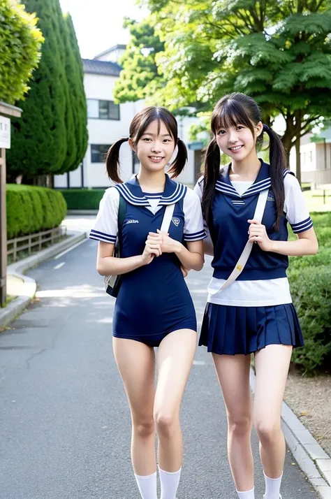 girls walking in sunny Japanese school street,navy blue sailor school swimsuit,student bag,18-year-old,bangs,a little smile,thighs,knees,short hair with low pigtails bunches,from before,front light