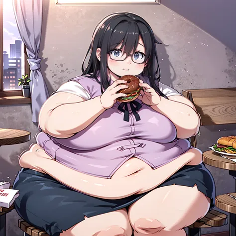 (best quality, ultra details, beautiful detailed face and eyes), young girl, happy,porcelain skin, obese, fat, fat face, chubby cheeks, fat arms,a young girl,obese girl,girl with glasses,girl at fast food restaurant,girl sitting at table,girl eating fast f...