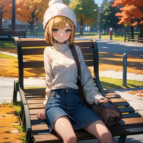 8K high quality，1 pretty girl，Short Bob，Knitted hat，Knitted sweater，Denim skirt，Small breasts，Autumn park，bench